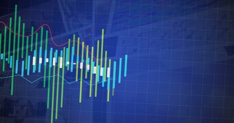 Wall Mural - Displaying chart on financial interface, with grid overlay, candlestick bars and red and cyan lines
