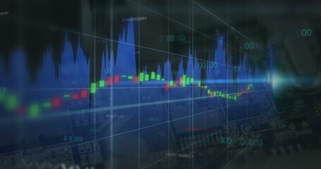 Wall Mural - Displaying candlestick chart updating on screen, with candles, blue peaks, 3D grid and numeric data