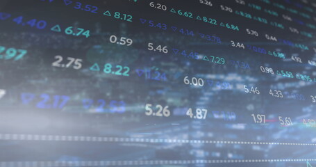Wall Mural - Displaying data interface showing numeric values and arrows in blue background, market metrics