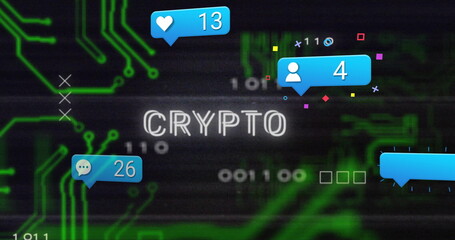 Wall Mural - Displaying stylized CRYPTO text on digital interface, with notifications on glowing binary circuits