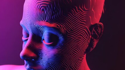 Wall Mural - woman face contour lines creating futuristic 3d model with pink and blue light