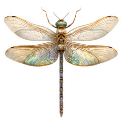 Gold dragonfly presents wings, displays iridescent texture, for use in nature presentations, educational material.