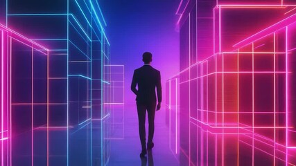 Wall Mural - businessman walking in neon lit abstract cityscape