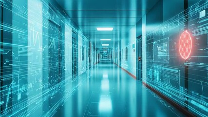 Wall Mural - futuristic corridor showing interactive data and charts on digital screens
