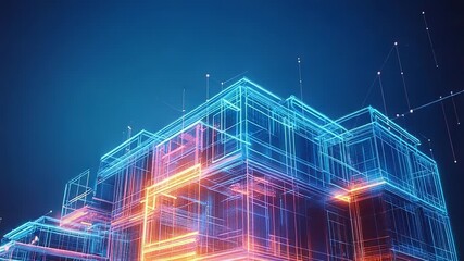 Wall Mural - futuristic wireframe building glowing on dark blue background