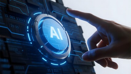 Hand interacting with a futuristic AI interface on a digital screen