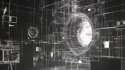 Wall Mural - complex wireframe structure illuminating dark digital environment