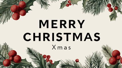 冬のシーズンイベントに最適なクリスマスバナー　中央に大きなメリーXmasの文字を配置　ポスターやWebサイトの装飾に活用しやすいシンプルでおしゃれな素材
