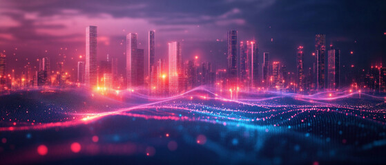 Wall Mural - A futuristic cityscape with digital lights and neon grids, ideal for illustrating the technological future and innovations in urban design.