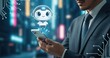 © Olga Ко - IA chatbot mignon holographique au-dessus d’un smartphone tenu par un homme d’affaires, technologies modernes dans le business du futur en France.