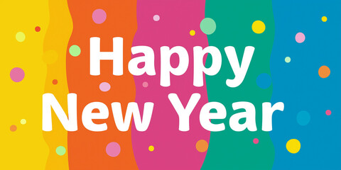 鮮やかな色合いで新年を表現したシンプルなバナー素材　中央にHappy New Yearの文字が配置され、販促やサイト装飾に適した高解像度デザイン