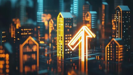 Wall Mural - glowing arrow pointing up in futuristic cityscape symbolizing growth