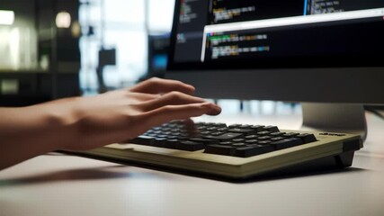 Hands typing on keyboard at computer workstation, office environment