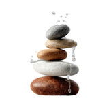 Zen stones stacked with water drops isolated on transparent background for relaxation and wellness concept