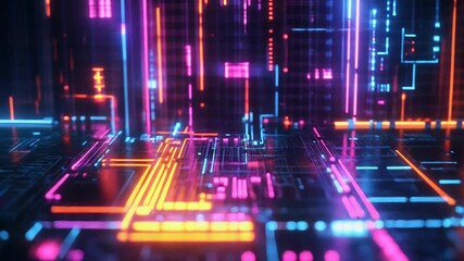 Wall Mural - futuristic neon cityscape glowing with digital lines and circuits