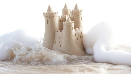 Wall Mural - a sandcastle sits atop a sandy beach, surrounded by crashing ocean waves