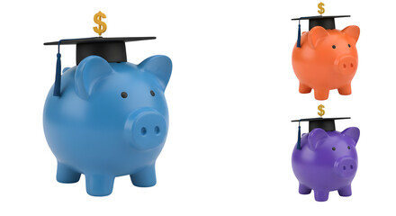 Colorful piggy banks wear graduation caps, show savings for education. Use for finance, education, or promotion material.