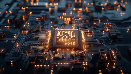 Wall Mural - cpu processing data on motherboard with orange lights
