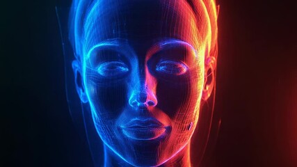Wall Mural - artificial intelligence, hologram of woman face emerging from grid on black background