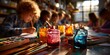© PinkBirdDesign - Children Painting with Watercolors at Sunlit Art Table perfect for arts education campaigns, creativity development programs, afterschool brochures and childhood enrichment visuals