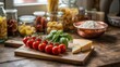 © Abul Bashar - Italian Cooking Ingredients on Wooden Board with Jars of Pasta and Tomatoes food