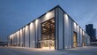 © BISO - Industrial architecture steel beams large steel-framed warehouse metal plate cladding illuminated bright lights dusk