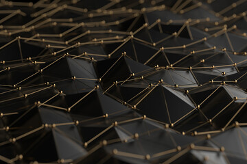 Abstract geometric pattern with gold and black 3d triangles and lines for modern design. 3d render