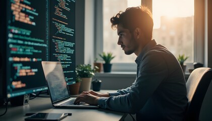 Young Man Working on Laptop in Modern Office with Code on Screens During Sunset