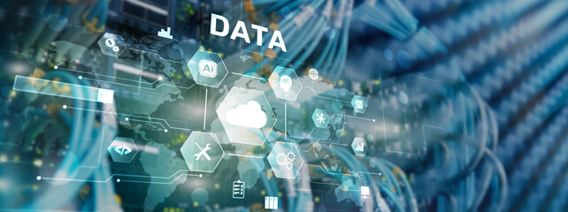 Wall Mural - Cloud server and computing, data storage and processing on server background