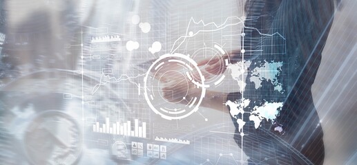 Wall Mural - Business intelligence control interface marketing finance management. Silhouettes in the background