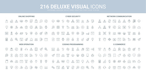 Cyber security of network and web services, online shopping on sales and programming line icons set. Code development, mobile apps and software testing thin black outline symbols vector illustration