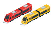 © Mukul - Modern commuter trains in red and yellow speed along tracks, symbolizing fast urban transit and travel.