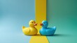 © Sona - Two rubber ducks, one yellow and one blue, face each other on a colorful background with a yellow stripe dividing the image.