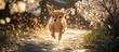 © Taman Siswo - Adorable baby deer fawn leaping through a magical spring path with white blossoms and golden bokeh lights.