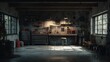 © BISO - Full-length view of old garage with tools and workbench in dark gray with orange details, photorealistic image, wide-angle shot, cinematic style