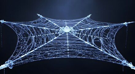 A glowing, futuristic spiderweb with a spider at its center, stretched taut against a dark blue background.
