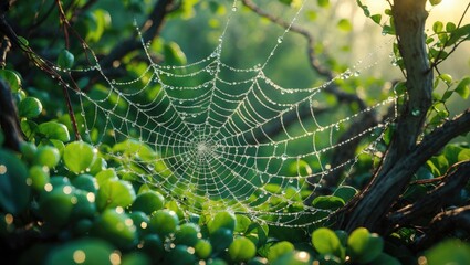 Morning dew on a spider web amidst green leaves and branches. Nature, macro, and close-up. The concept of the delicate and intricate beauty of nature.
