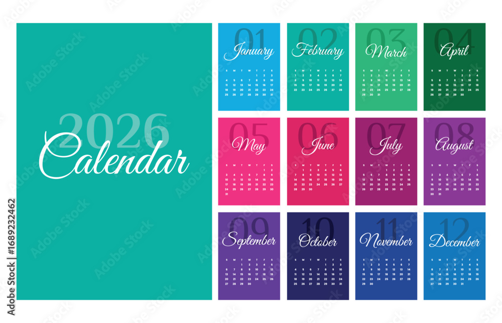 Vector illustration. Colorful calendar 2026 template. Week Starts on ...
