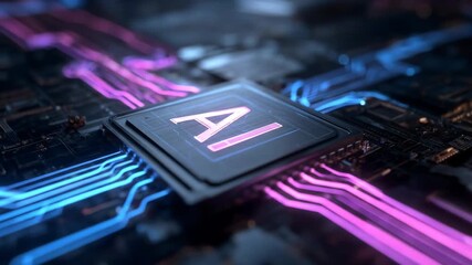 AI processor chip on futuristic circuit board.