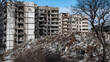 ruined street and destroyed houses in Kiev war in Ukraine