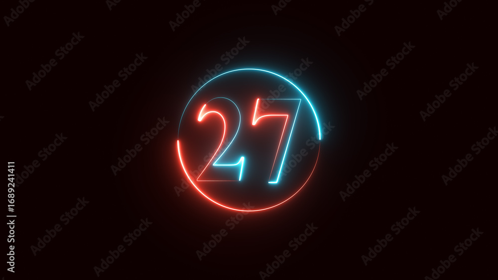 neon text number 27 countdown icon. Glowing neon sign number 27 on black background with alpha channel