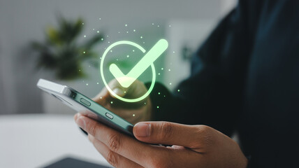 Mobile phone check mark success completed task verification app ui ux design concept illustration art
