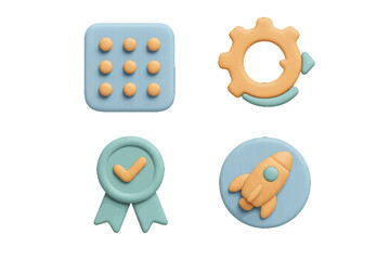 3D icon set for business and startup concepts including quality assurance badge, settings gear, app menu, and rocket launch symbol for web and mobile interface design