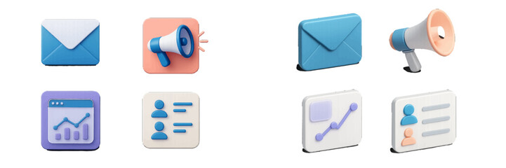 3D symbols for business and marketing with mail, megaphone, analytics, and contacts for web and mobile applications