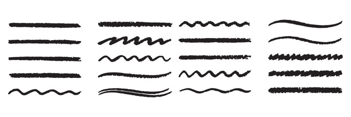 Wall Mural - Chalk line underline brush set. Hand drawn crayon and pencil stroke with chalk texture and grunge mark for kid chalkboard design. Doodle border crayon underline in sketch style. Vector illustration