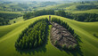 © Roshan - An aerial view of a vibrant green landscape shaped like human lungs, with a lush forest on one side and a dry, barren forest on the other, symbolizing climate change, deforestation, and environmental