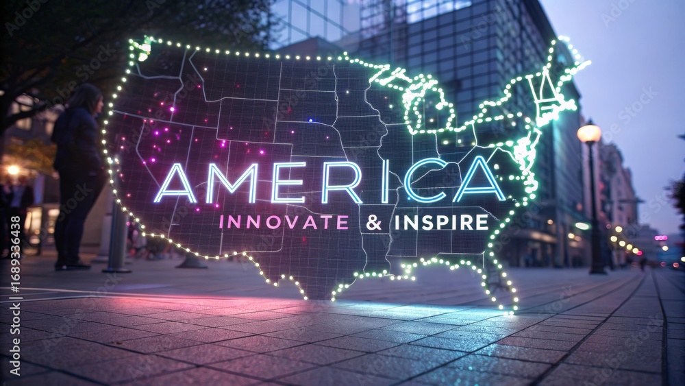 Illuminated America Map - Glowing map of the USA on a city street at ...
