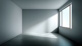 Minimalist empty room interior with sunlight from a large window casting shadows on the gray walls and concrete floor