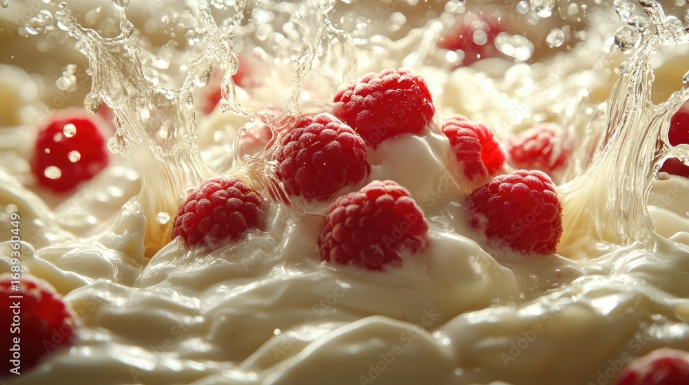 Yoghurt Drops Raspberry Fresh raspberries are splashing into creamy yogurt with water droplets ...