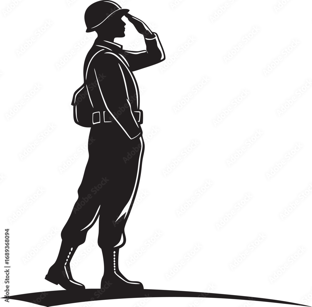 Silhouette of a Respectful Soldier in Uniform Saluting with Pride and ...